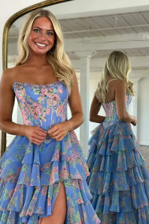 Strapless Floral Tulle Aline Evening Dress Front Split Corset Prom Dress - Prom Dresses