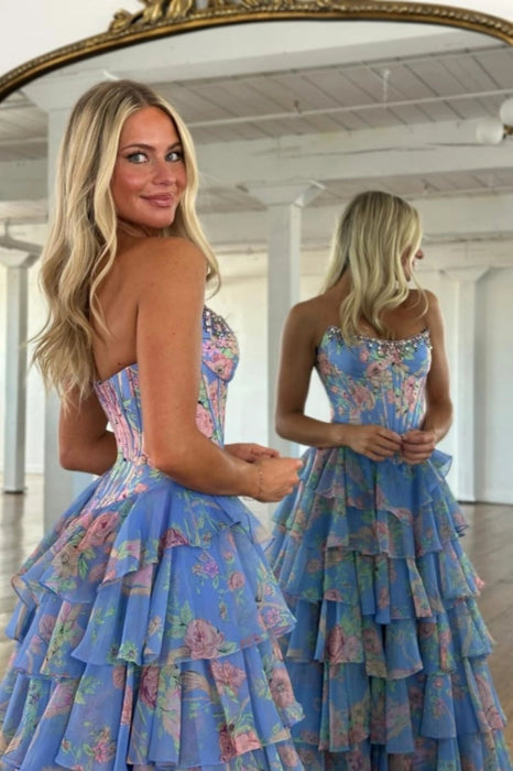 Strapless Floral Tulle Aline Evening Dress Front Split Corset Prom Dress - Prom Dresses