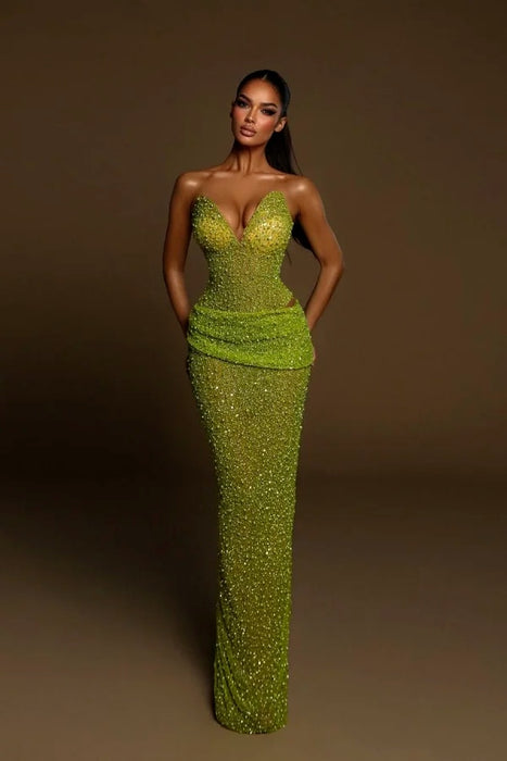 Sweetheart Sequined Mermaid Prom Dress Sleeveless Ruffles Evening Gown