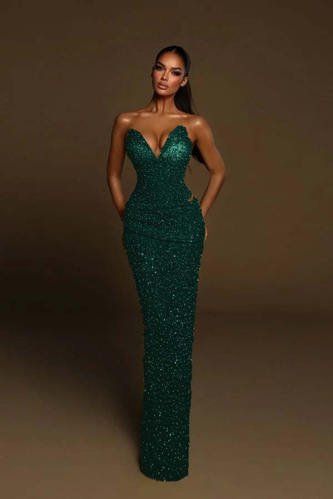 Sweetheart Sequined Mermaid Prom Dress Sleeveless Ruffles Evening Gown
