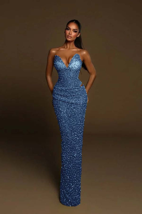 Sweetheart Sequined Mermaid Prom Dress Sleeveless Ruffles Evening Gown