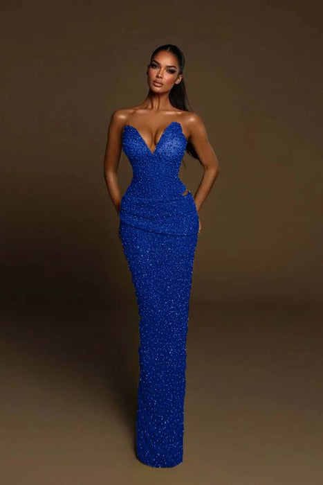 Sweetheart Sequined Mermaid Prom Dress Sleeveless Ruffles Evening Gown