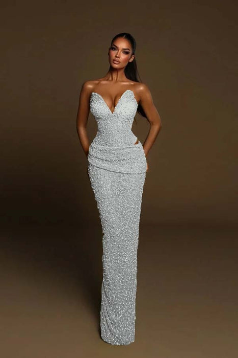 Sweetheart Sequined Mermaid Prom Dress Sleeveless Ruffles Evening Gown