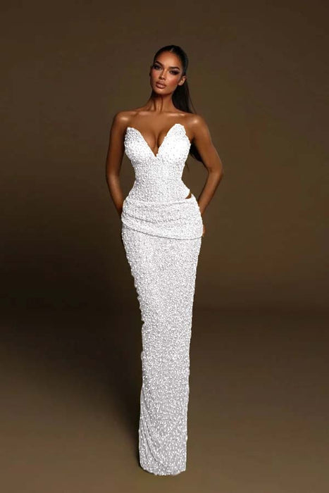 Sweetheart Sequined Mermaid Prom Dress Sleeveless Ruffles Evening Gown