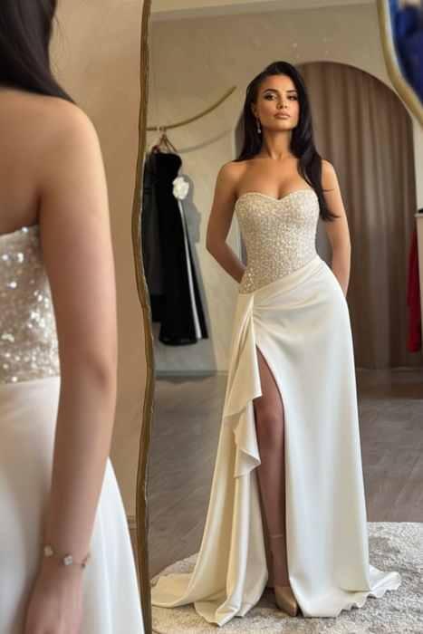 Strapless Ivory Sequins Sheath Long Prom Dress Ruffle Satin Side Split Dress