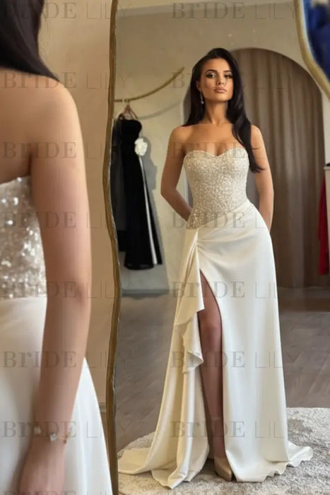 Strapless Ivory Sequins Sheath Long Prom Dress Ruffle Satin Side Split Dress
