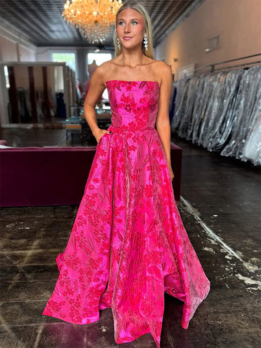 Strapless Jacquard Fuchsia Satin Prom Dress Aline with Pockets