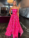 Strapless Jacquard Fuchsia Satin Prom Dress Aline with Pockets