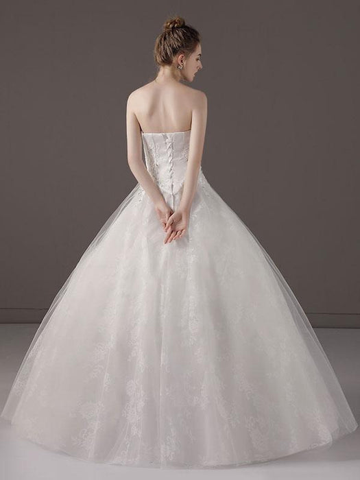 Princess Ball Gown Wedding Dresses Strapless Lace Applique Beaded Ivory Maxi Bridal Dress