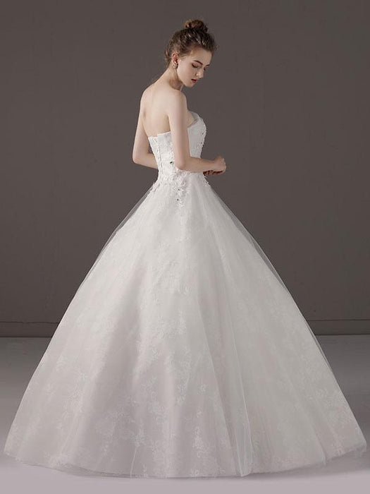 Princess Ball Gown Wedding Dresses Strapless Lace Applique Beaded Ivory Maxi Bridal Dress