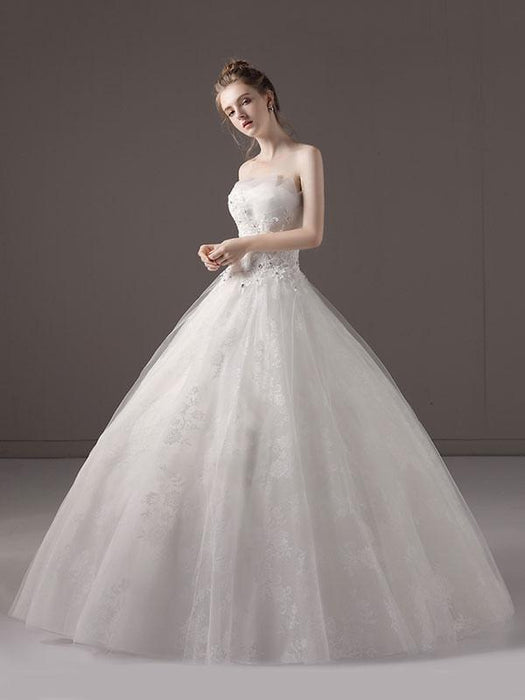 Strapless Lace Applique Beaded Ivory Ball Gown-Bridelily Strapless Lace Applique Beaded Ivory Ball Gown-Bridelily
