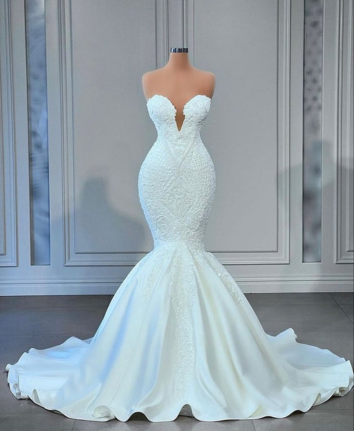 Strapless Lace Sleeveless Mermaid Wedding Dress with Appliques