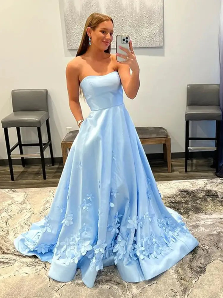 Light Blue Satin A-Line Prom Dress 3D Flowers & Pocket | Bridelily Light Blue Satin A-Line Prom Dress 3D Flowers & Pocket | Bridelily