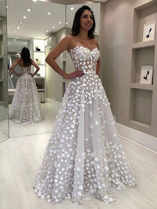 Charming Strapless Light Gray Long Prom with White Appliques White Floral Light Gray Wedding Formal Evening - Prom Dress