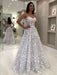 Charming Strapless Light Gray Long Prom with White Appliques White Floral Light Gray Wedding Formal Evening - Prom Dress