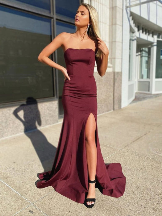 Strapless Mermaid Burgundy Long Prom Dresses with Corset Back, Mermaid Maroon Formal Dresses with Leg Slit, Mermaid Burgundy Evening Dresses