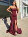 Strapless Mermaid Burgundy Long Prom Dresses with Corset Back, Mermaid Maroon Formal Dresses with Leg Slit, Mermaid Burgundy Evening Dresses