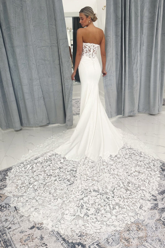 Exquisite Floor Length Sweetheart Sleeveless Mermaid Lace Wedding Dress with Cathedral Train main image 1