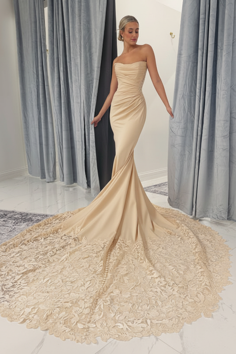 Champagne Strapless Mermaid Lace Appliques Sweetheart Wedding Dress Long Bridal Dress with Train - Wedding Dresses