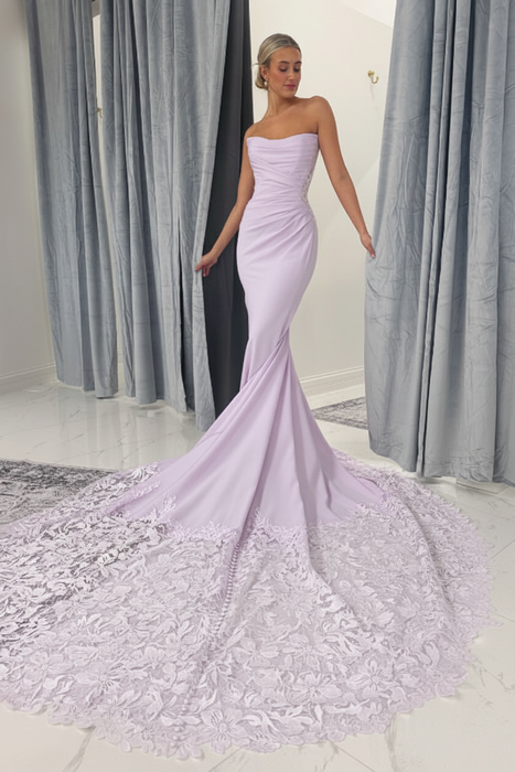Lavender Strapless Mermaid Lace Appliques Sweetheart Wedding Dress Long Bridal Dress with Train - Wedding Dresses