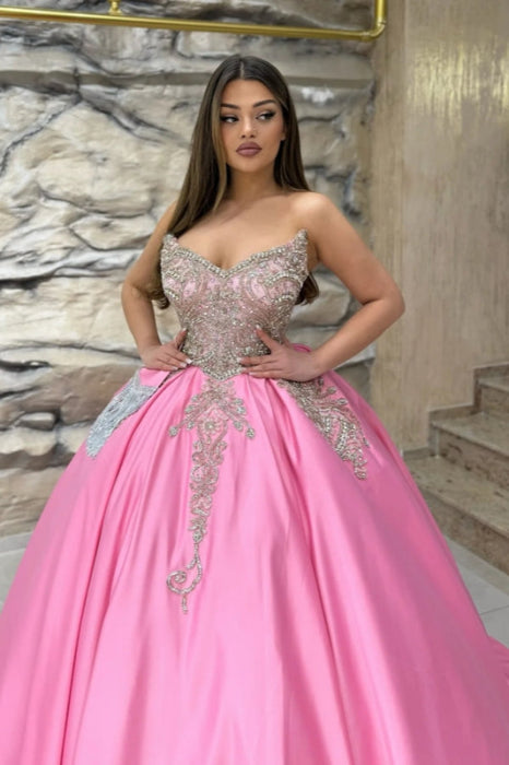 Strapless Pink Court Train Quinceanera Dresses Beadings Satin Ball Gown - Prom Dresses