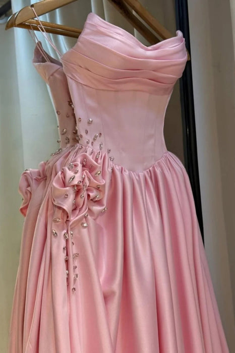 Strapless Pink Evening Dress Long with Front Split Flowers Satin Prom Dress - Evening Dresses