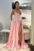 Strapless Pink Evening Dress Long with Front Split Flowers Satin Prom Dress - Evening Dresses
