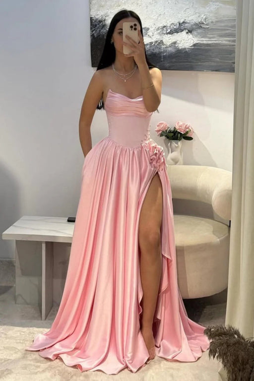 Strapless Pink Evening Dress Long with Front Split Flowers Satin Prom Dress - Evening Dresses