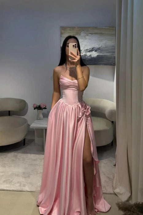Strapless Pink Evening Dress Long with Front Split Flowers Satin Prom Dress - Evening Dresses
