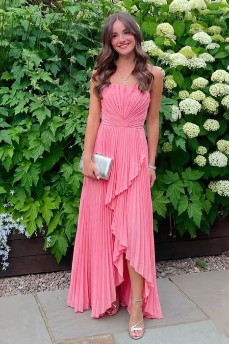 Strapless Pleated Chiffon High-Low Bridesmaid Dress
