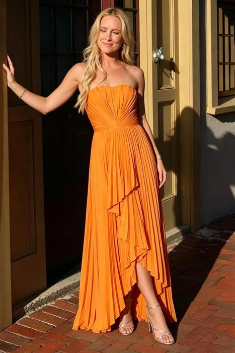 Strapless Pleated Chiffon High-Low Bridesmaid Dress