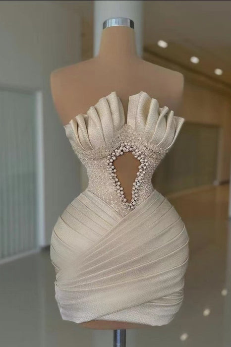 Strapless Prom Dress Evening Dress Short Pleated with Beadings