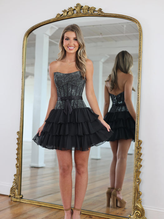 Strapless Rhinestone Corset Tiered Tulle Mini Homecoming Dress with Bow
