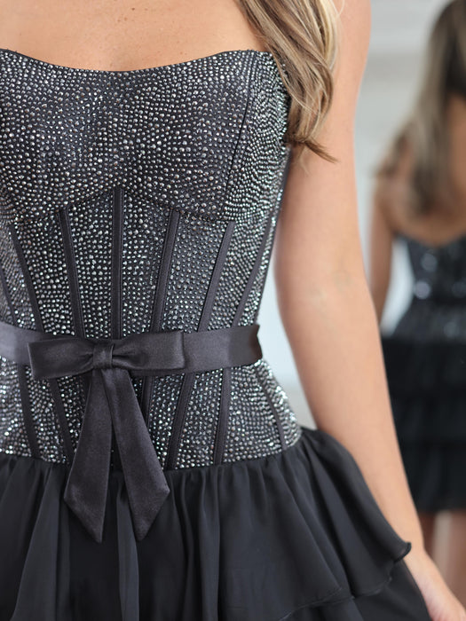 Strapless Rhinestone Corset Tiered Tulle Mini Homecoming Dress with Bow