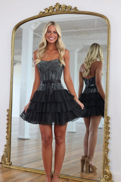 Strapless Rhinestone Corset Tiered Tulle Mini Homecoming Dress with Bow