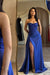 Strapless Royal Blue Sequins Sheath Long Prom Dress Ruffle Satin Side Split Dress