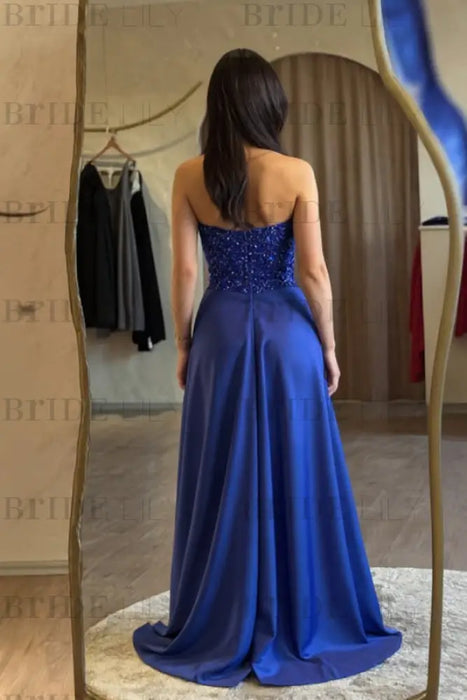 Royal Blue Satin Sheath Long Prom Dresses On Sale-Bridelily