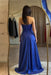 Strapless Royal Blue Sequins Sheath Long Prom Dress Ruffle Satin Side Split Dress