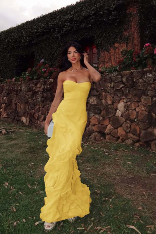 Strapless Yellow Lace Prom Dress with Ruffles-Bridelily Strapless Yellow Lace Prom Dress with Ruffles-Bridelily