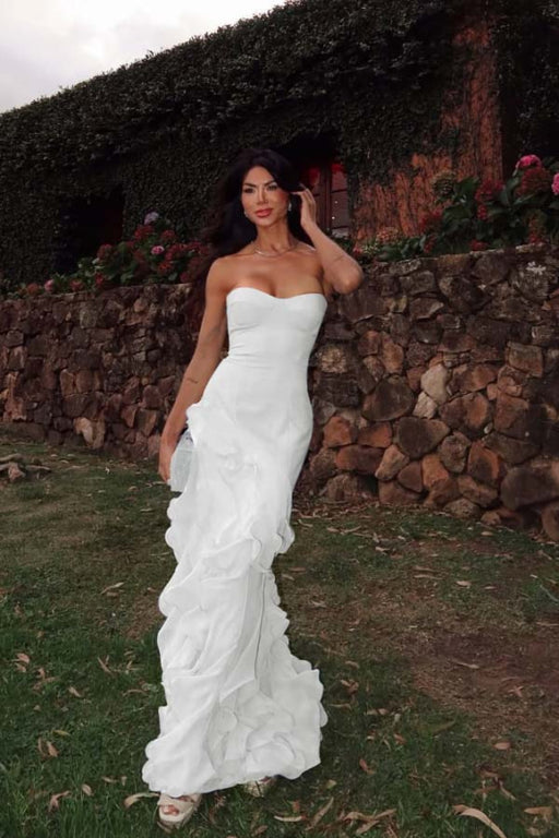 White Strapless Ruffled Chiffon Prom Dresses Sweetheart Mermaid Evening Dress