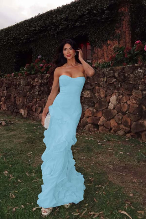 Sky Blue Strapless Ruffled Chiffon Prom Dresses Sweetheart Mermaid Evening Dress