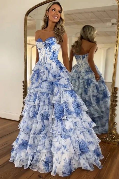 Strapless Ruffles Chiffon A-Line Long Prom Dresses - Dress