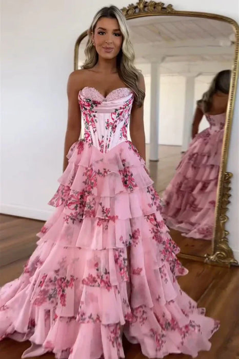 Strapless Ruffles Chiffon A-Line Long Prom Dresses - Dress