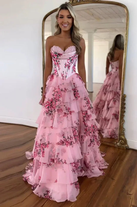 Strapless Ruffles Chiffon A-Line Long Prom Dresses - Dress