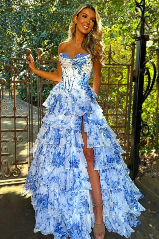 blue dress for baby girl Mermaid Sweetheart Satin Ruffle Long Prom Dress With Split main image 0