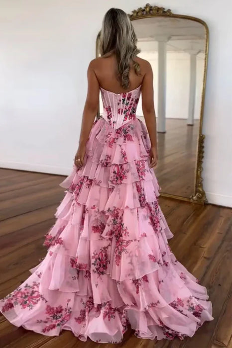 High Split Prom Dress Long Strapless Prom Dress Chiffon A-Line | Bridelily High Split Prom Dress Long Strapless Prom Dress Chiffon A-Line | Bridelily