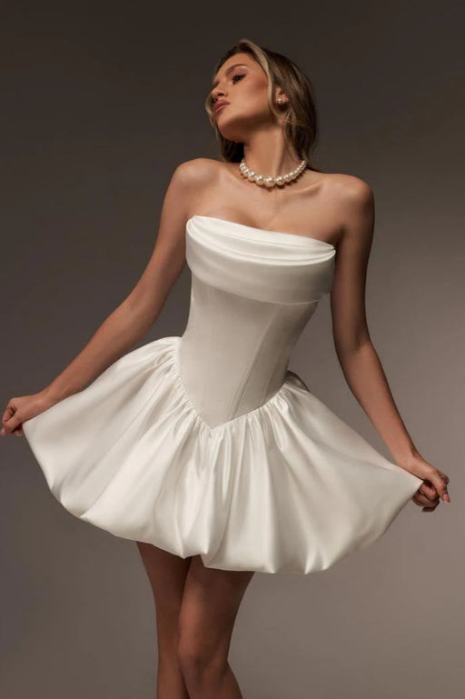 White Strapless Satin Corset Short Homecoming Dress Aline with Ruffles