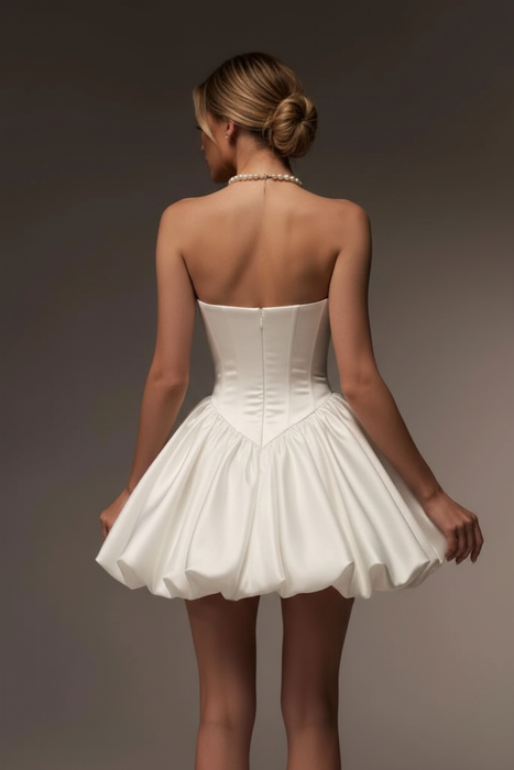 White Strapless Satin Corset Short Homecoming Dress Aline with Ruffles
