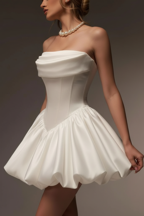 White Strapless Satin Corset Short Homecoming Dress Aline with Ruffles
