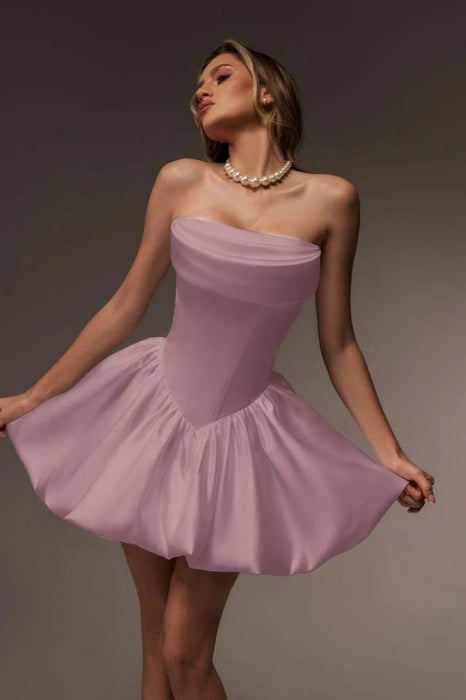 Dusty Pink Strapless Satin Corset Short Homecoming Dress Aline with Ruffles